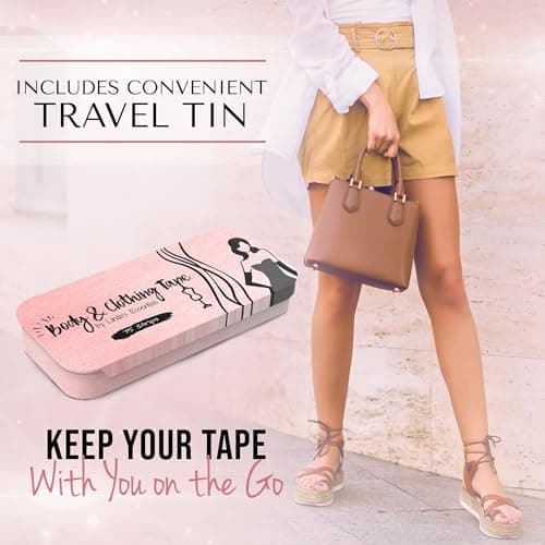 Double Sided Tape for Clothes, Body and Fashion Tape (75 Pack) | Clothing and Hem Adhesive for Women, No Sew No Iron, Strong Fabric Adhesive for Skin for All Shades and Sensitivity, Includes Tin Box — view 2