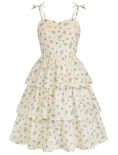 HOZIY Vestidos para Niñas Girls Summer Spring Boho Yellow Floral Semi Formal Party Dress Tween Ruffle Tiered Smocked Dresses Short Sundress Size 9-10