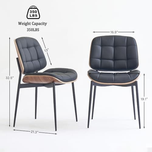 GrandNoor Mid Century Modern Dining Chairs with Walnut Grain Back,Black Faux Leather Dining Room Chairs Set of 4,Checkered Soft Cushion Kitchen Chairs with Adjustable Foot Pads