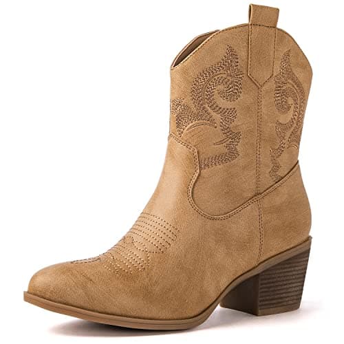 GLOBALWIN Women's The Western Wear Fashion Cowboy Cowgirl Free Birds Country Concert Disco Outfits Low Heel Walking Boots For Ladies, 19yy16 Khaki, 7.5