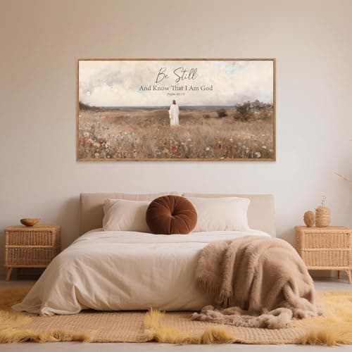 CHDITB Be Still And Know That I Am God Psalm 46:10 Wall Art(40"x20"), Jesus Christian Bible Verse Scripture Canvas Artwork, Large Wildflowers Meadow Landscape Decor for Home Dining Room Christ Gift — view 3