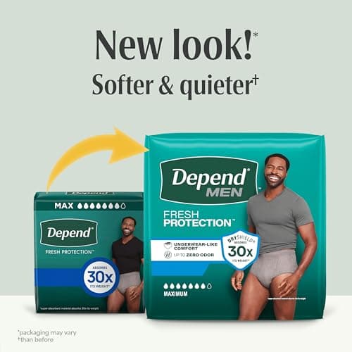 Depend Fresh Protection Adult Diapers, Incontinence Underwear for Men, Disposable, Maximum, Small/Medium, Grey, 19 Count, Packaging May Vary
