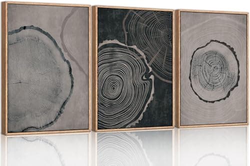 Ausril Tree Ring Framed Canvas Wall Art Set of 3, Modern Beige Wood Stump Wall Decor,Imitation Black Gray Tree Spiral Wall Painting, Neutral Nature Art Print for Living Room, Bedroom, Office 16"x24"x3