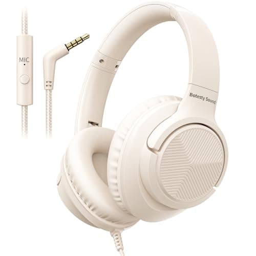 Botesty Sound Headphones Wired with Microphone, Over Ear Foldable 3.5mm Plug in Headphones Corded with 4.9ft Tangle-Free Nylon Cord for Tablet, Laptop, MP3/4, School, Airplane Travel (Beige)