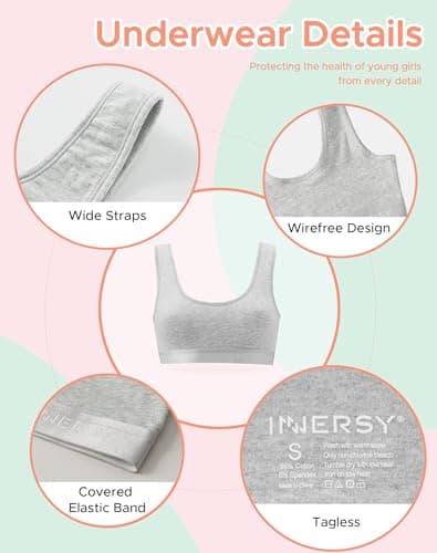 INNERSY Training Bras for Girls Wireless Comfortable Cotton Sports Bra 3 Packs(Large,Classic Trio)