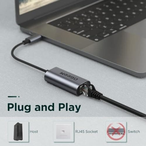 QGeeM USB C to Ethernet Adapter, 1000Mbps Gigabit RJ45 LAN Network Dongle, Thunderbolt 5/4/3 Compatible, Braided Nylon Aluminum Case for iPhone 17/16/15 Pro Max, MacBook Pro/Air M3/2, iPad, XPS - Gray — view 3
