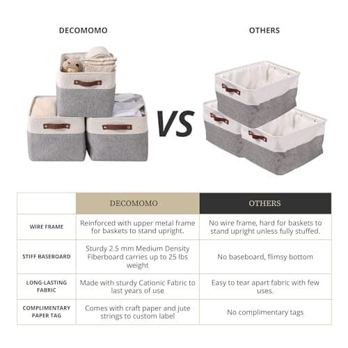 DECOMOMO Storage Baskets for Shelves - Fabric Storage Bins, Linen Closet Organizers and Storage (Grey & White, Large - 3 Pack) — view 7