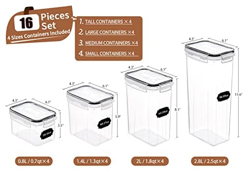 PRAKI Airtight Food Storage Container Set with Lids, 16 Pcs Plastic Dry Food Canisters for Kitchen Pantry Organizers and Storage, Ideal for Cereal, Flour & Sugar - Labels, Marker(Black)