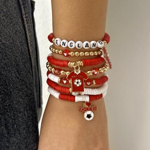 2026 World Cup England Bracelet Set, 7Pcs Stackable Beaded Stretch Bracelets with Soccer Jersey & Cleat Charms, England National Team Soccer Fan Jewelry, 2026 World Cup Game Day Souvenir — view 5