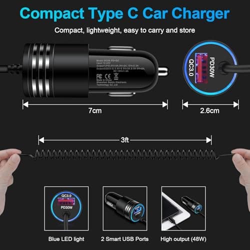 for iPhone 17e/17/16/15 Car Charger,48W PD+QC USB C Fast Car Charger Cigarette Lighter Adapter with 30W Built-in Coiled Type C Fast Charging Cable for iPhone 17e 17 Pro Max Air 16e 16 Pro Max 16 Plus — view 4