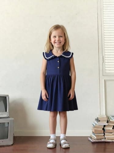 Winzik Girls Dress, Toddler Summer Short Sleeve Cotton Casual Ruffle Dresses Clothes 18M-7Y(5-6 Years, Solid Navy)