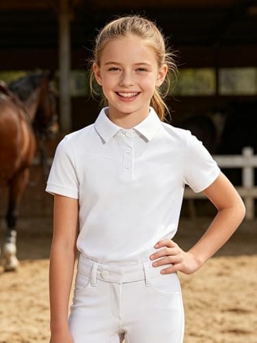 zdhoor Kids Girls Quick Dry Horse Riding Shirt Short Sleeve Equestrian T-Shirt Turn Down Collar Half Zip Riding Top White 14 Years — view 2