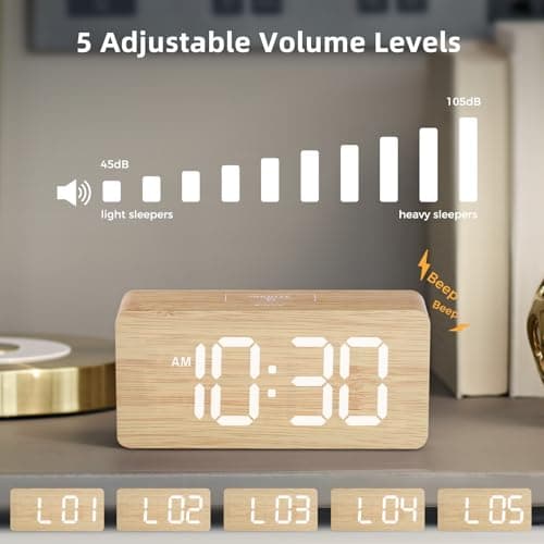 Wooden Digital Alarm Clocks for Bedrooms: Dimmable Dual Alarm Clock with Large Numbers for Bedside Desk - Bamboo — view 5