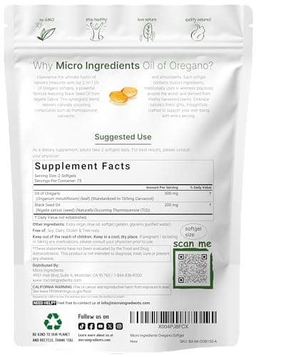 Micro Ingredients Oil of Oregano with Black Seed Oil, 150 Softgels