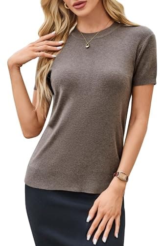 Arach&Cloz Women's Fashion Fall Spring Tops Vacation Cruise Outfits Summer Short Sleeve Sweaters Blouse Teacher Easter Clothing Business Casual Dressy Trendy 2026 (Coffee,M)