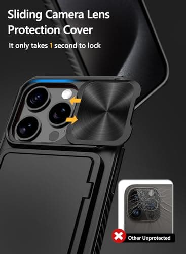 Vihibii for iPhone 15 Pro Max Case with Card Holder (4 Cards), Built-in 2X Privacy Screen Protector & Slide Camera Cover & Kickstand, Military Grade Drop Protection, Rugged Wallet Case, Black — view 3