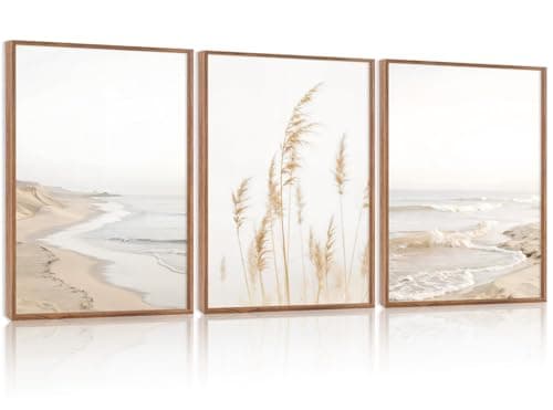 HPNIUB Modern Beach Artwork Seascape Wall Art, Seaside Framed Painting Reed Pathway Picture, Minimalist Neutral Coastal Landscape Wall Decor for Living Room,Bathroom(Set of 3,12X16 Inch)