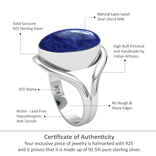 JEWELOPORIUM Blue Lapis Lazuli Silver Ring Size 7.5, 925 Sterling Silver Ring for Women, Real Oval Stone Boho Jewelry — view 3