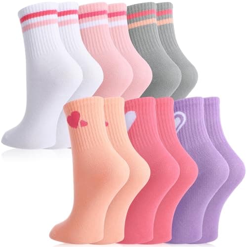6 Pairs Kids Crew Socks with Stripes Hearts, Junior Cotton School Sports Socks, Casual Stretchy Sock for Girls and Boys 6-9 Years, 02-hearts stripes-b — view 6