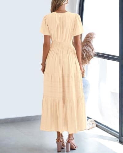 BTFBM Womens Summer 2026 Casual Midi Maxi Dresses Lightweight Short Sleeve V Neck Elastic Waist Boho Beach Dress Pockets(Apricot, Small) — view 2