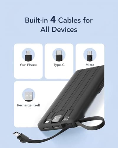 VRURC Portable Charger, Built-in 4 Cables Slim Power Bank 10000mAh, USB C Charging Bank with LED Display, Compact Travel Battery Pack with 5 Outputs for Multi Devices, Android-Black(1 Pack) — view 3
