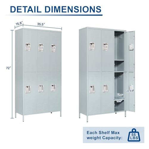 LISSIMO Metal Lockers, 72" Steel Storage Locker Cabinet-6 Doors Lockers for School Gym Home Office, Storage Locker with Shelves, Lockable Doors and Hanging Hooks (6 Doors, Grey) — view 2