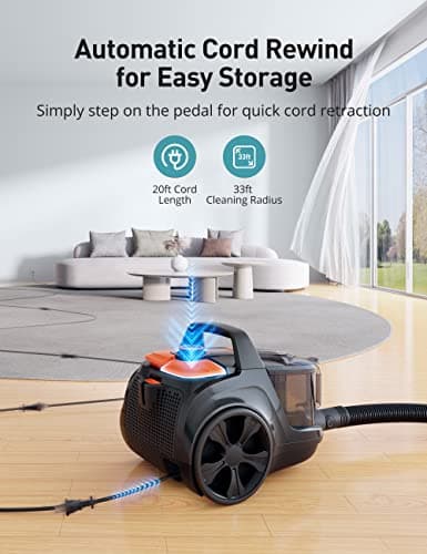 Aspiron Canister Vacuum Cleaner, 40Kpa Bagless Vacuum Cleaners, 4QT Large Dust Cup, Double HEPA Filter, Retractable Cord, 1600W Lightweight Vacuum Cleaner with 5 Tools for Hard Floors, Amber — view 5