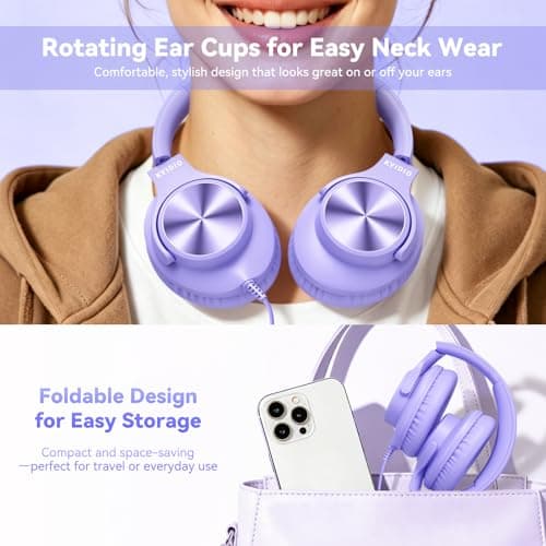 KVIDIO Wired Headphones with Mic, Volume & Playback Control, Over-Ear Foldable Headphones, 3.5mm Plug, 90° Swivel Ear Cups, 4.9ft Tangle-Free Cord for Tablet, Laptop, PC, School, Travel (Purple) — view 4