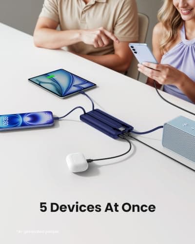 Coowisty Portable Power Bank, Compact 10000mAh Portable Charger with 4 Cables, USB C Battery Pack 5 Outputs 2 Inputs LED Display Compatible with iPhone/Android & More (Navy Blue) — view 2