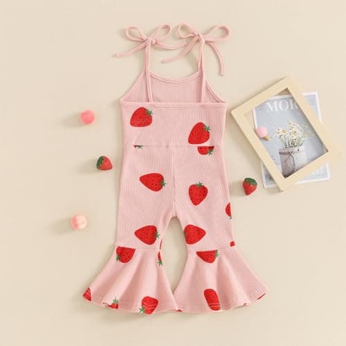 Toddler Baby Girl Romper Overalls Outfit Plaid Jumpsuit Floral Strawberry Birthday Flare Pants Summer Clothes (B5 Strawberry Pink, 12-18 Months) — view 2