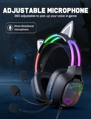 ONITOON Gaming Headset with Microphone, RGB Lights, Detachable Cat Ear, Lightweight Over-Ear Headphones with Adjustable Headband for PC, PS4, PS5, Mac, Switch, Surround Sound, in-Line Control, Black — view 4