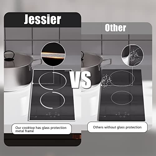 Jessier Electric Cooktop 12 Inch - 2 Burner Countertop & Built-in Ceramic Cooktop, Electric Stove Top with Glass Protection Metal Frame, 9 Heating Level, 3000W, 220-240V Hard Wire(No Plug) — view 6