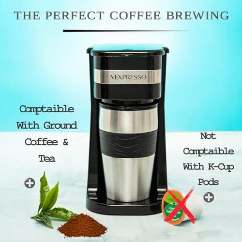 Mixpresso Black Personal Single Serve Coffee Maker with 14oz Travel Mug, Drip Small Coffee Maker with Auto Shut Off, Reusable Filter, Works with Ground Coffee Only – Not for K-Cup Pods — view 3