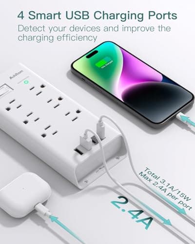 Power Strip Surge Protector - Addtam 10Ft Long Extension Cord with 6 Outlets and 4 USB Ports(2USB C), Flat Plug Overload Surge Protection Outlet Strip, Wall Mount for Home, Office and More — view 2
