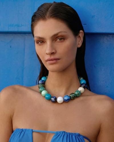 FAUTHENTICUTE Blue Beaded Choker Necklace for Women Boho Chunky Statement Necklace with Blue and Green Round Resin Beads Summer Beach Jewelry Gifts — view 3