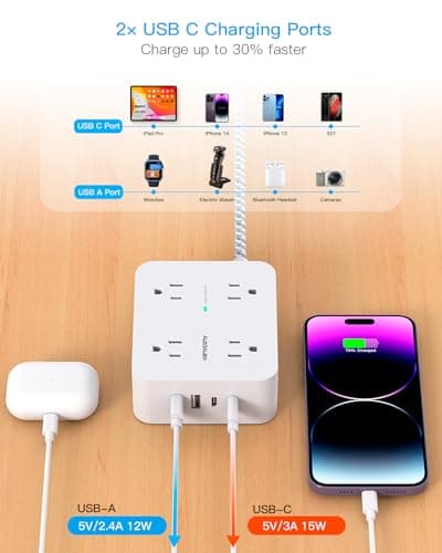 Surge Protector Power Strip - HANYCONY 8 Outlets 4 USB (2 USB C) Charging Ports, Multi Plug Outlet Extender, 5Ft Braided Extension Cord, Flat Plug Wall Mount Desk Charging Station for Home Office ETL — view 4