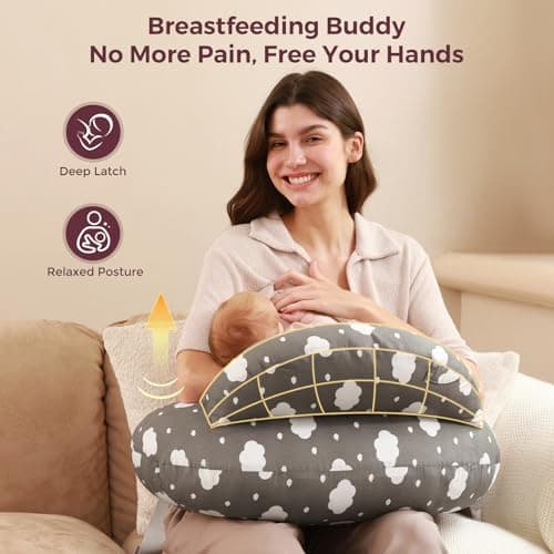 Momcozy Nursing Pillow for Breastfeeding, Original Plus Size Breastfeeding Pillows for More Support for Mom and Baby, with Adjustable Waist Strap and Removable Cotton Cover, Grey — view 2