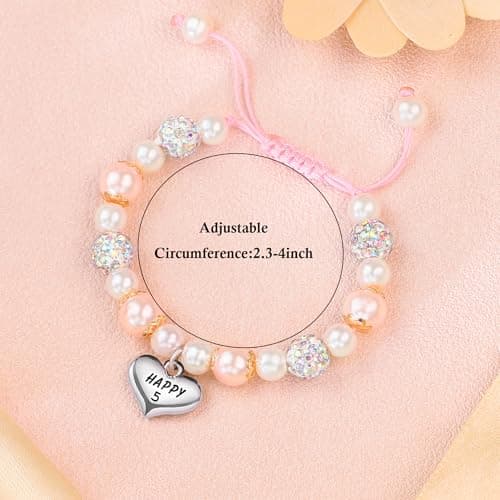 Sereney 5 Year Old Girl Birthday Gift Ideas, Adjustable Pink White Pearl Bracelet as Five Year 5yr Old 5th Birthday Gifts for Teen Girls Daughter Niece Granddaughter — view 3