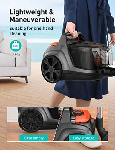Aspiron Canister Vacuum, Upgraded 1600W Bagless Canister Vacuum Cleaner, Auto Cord Rewind, H13 HEPA Filter, 4Qt Large Capacity, 5 Tools for Hard Floors, Carpet, Pet, Upholstery, Car, Apricot — view 5