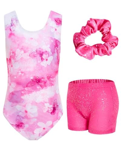 JiAmy Gymnastics Leotard for Girls, Sleeveless Gymnastics Outfit with Shorts Set, Sparkly Dance Outfits Athletic Bodysuit Outfit for Kids 6-7 Years