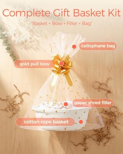 SUNCOLOR Small Woven Gift Basket Set with Cut Paper Shred Filler, Pull Bow & Cellophane Bag, 12x8x5 Inch Durable Cotton Rope Storage Basket for Easter, Baby Shower, Birthday — view 6