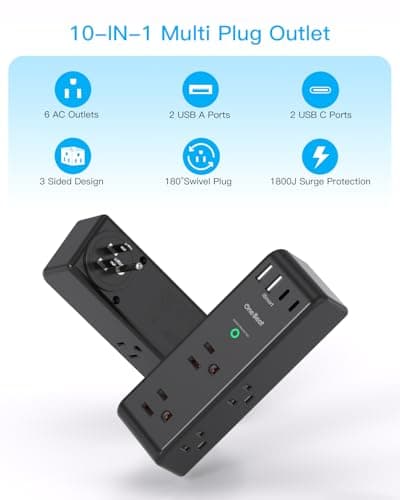 Surge Protector Outlet Extender - with Rotating Plug, 6 AC Multi Plug Outlet with 3 USB Ports (1 USB C), 1800 Joules, 3-Sided Swivel Power Strip with Spaced Outlet Splitter for Dorm, Office, Black