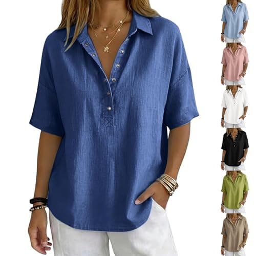 Linen Tops for Women 2026 Summer Cotton Gauze Shirts Button Down V Neck Half Sleeve Blouses Loose Fit Tunic Clothes Blue