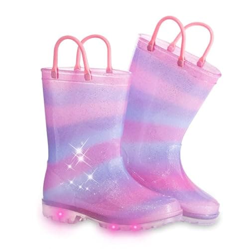 Toddler Kids Rain Boots Boys Girls Light Up Waterproof Boot with Handles, Toddler Size 9, Pink Purple Blue