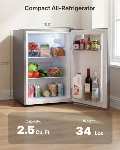 Upstreman 2.5 Cu.Ft All-Refrigerator Mini Fridge, Single Door Small Refrigerator, Dorm Fridge with 7 Adjustable Thermostat, Compact Refrigerator for Office, Bedroom or Dorm, Silver-CR26