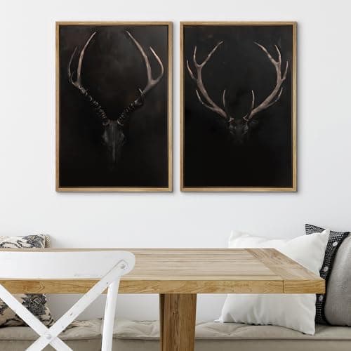 SIGNWIN Framed Canvas Print Wall Art Rustic Antler Skull Dark Dramatic Black Vintage-Inspired Deer and Elk Antlers Illustrations Decorative for Living Room, Bedroom, Office - 24"x36"x2 Natural — view 3