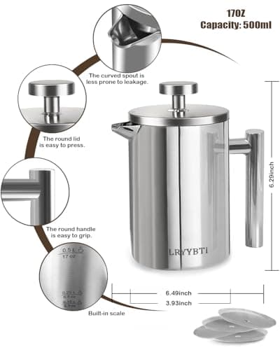 LRYYBTI French Press Coffee Maker, Stainless Steel Coffee Press with scale lines (Silver, 17 OZ)