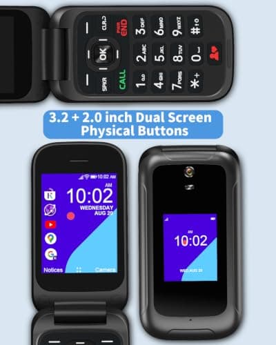 4G Flip Phone Unlocked, Basic Smart Cell Phone for Seniors Backup, Dual Screen KaiOS Phone Large Button Loud Volume Durable Battery Speed Dial Camera Bluetooth, T-Mobile AT&T Compatible (Black) — view 2