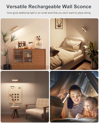 DetarZinLED Battery Operated Wall Sconces Set of 2,Rechargeable Wall Lights Wood,Stick On Wall Lights for Bedroom,Wall Mounted Bedside Reading Lamps Dimmable,Battery Powered Wall Lamp for Bedroom — view 2
