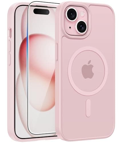 FNTCASE for iPhone 15 Case: for iPhone 14 Case & iPhone 13 Case [Compatible with Magsafe] Translucent Matte Cases with [Screen Protector] Military Grade Shockproof Protective Phone Cover - Light Pink